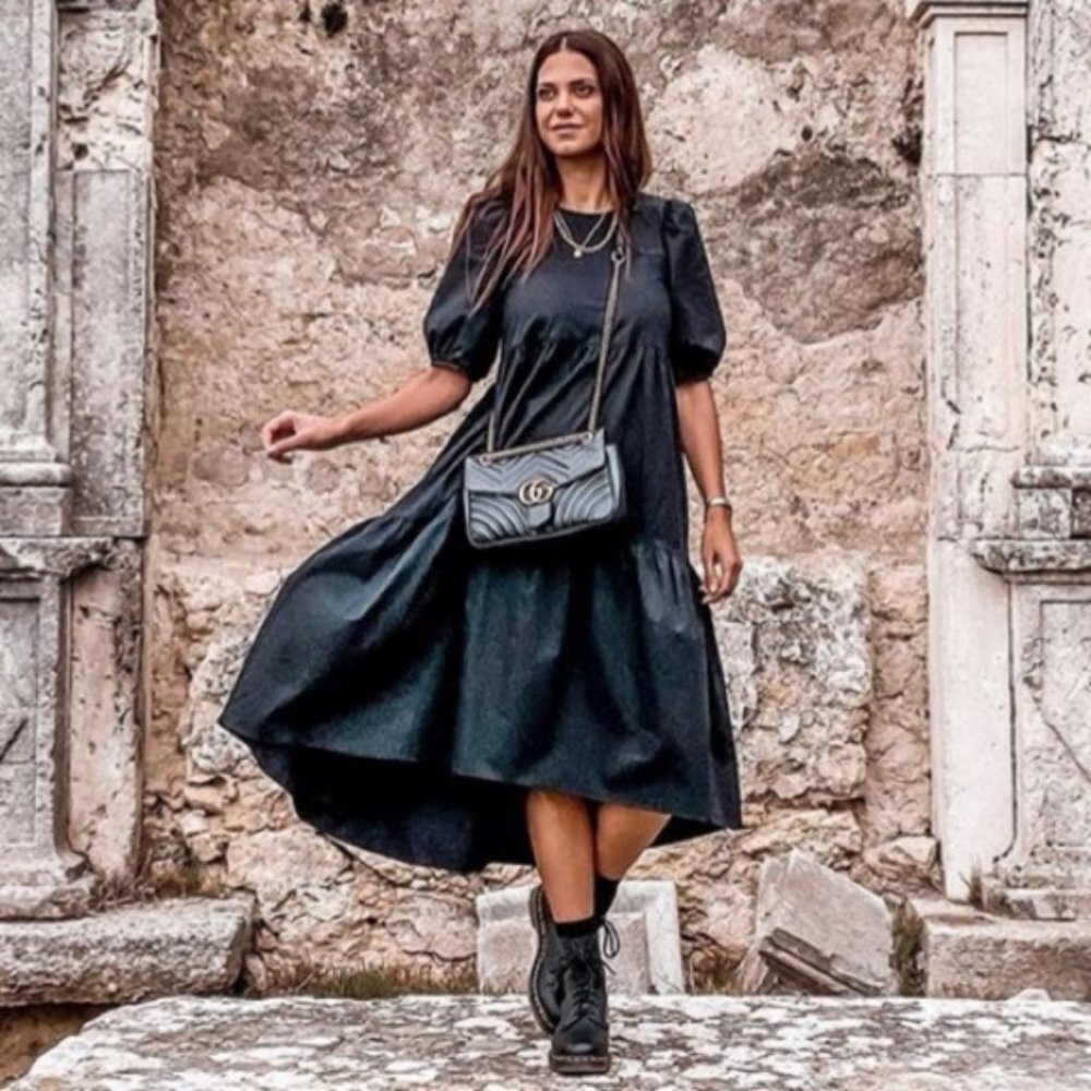 Zara Asymmetric Poplin Midi Dress in Black